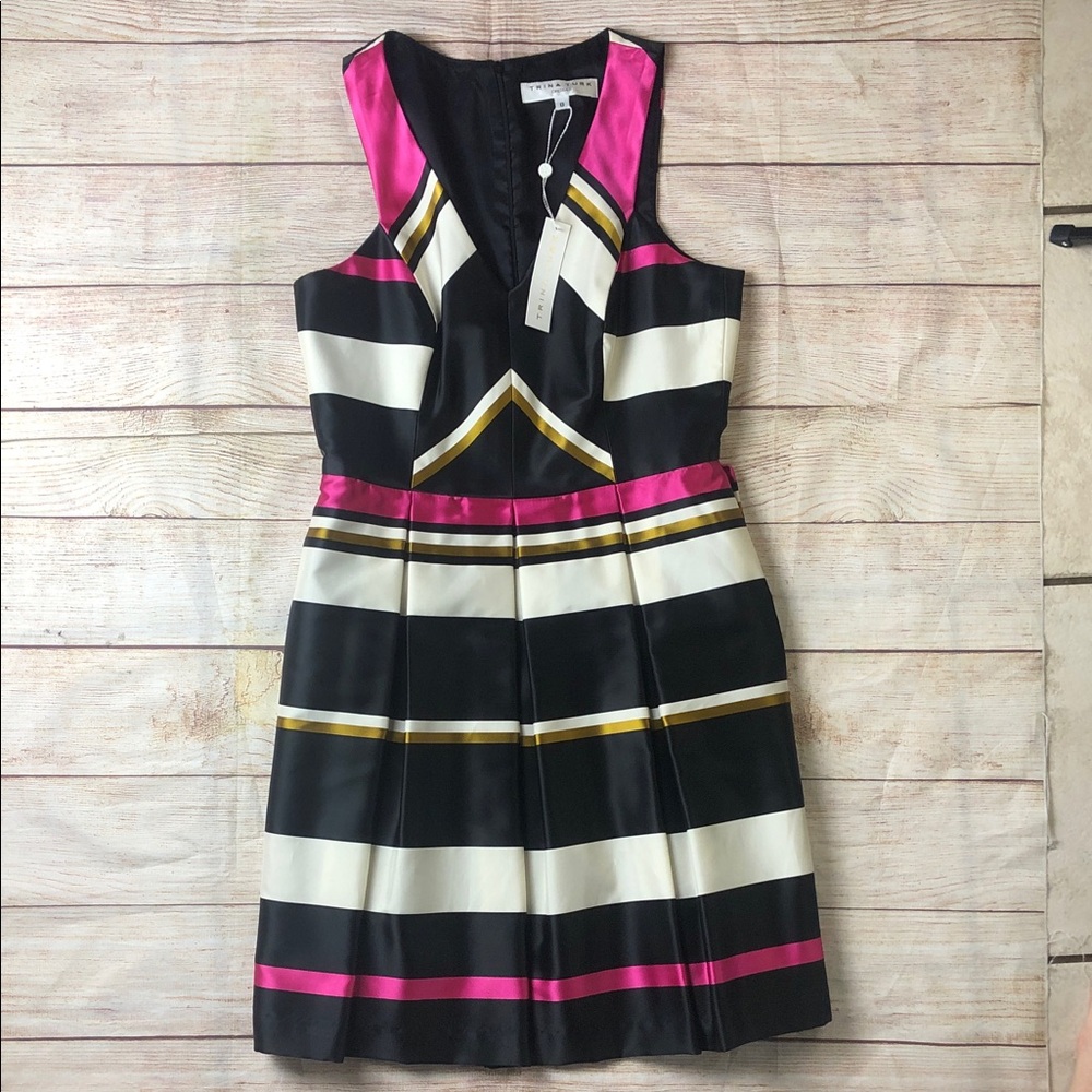 Trina Turk Black and Pink‎ Striped Graduation Wedding Guest Dress